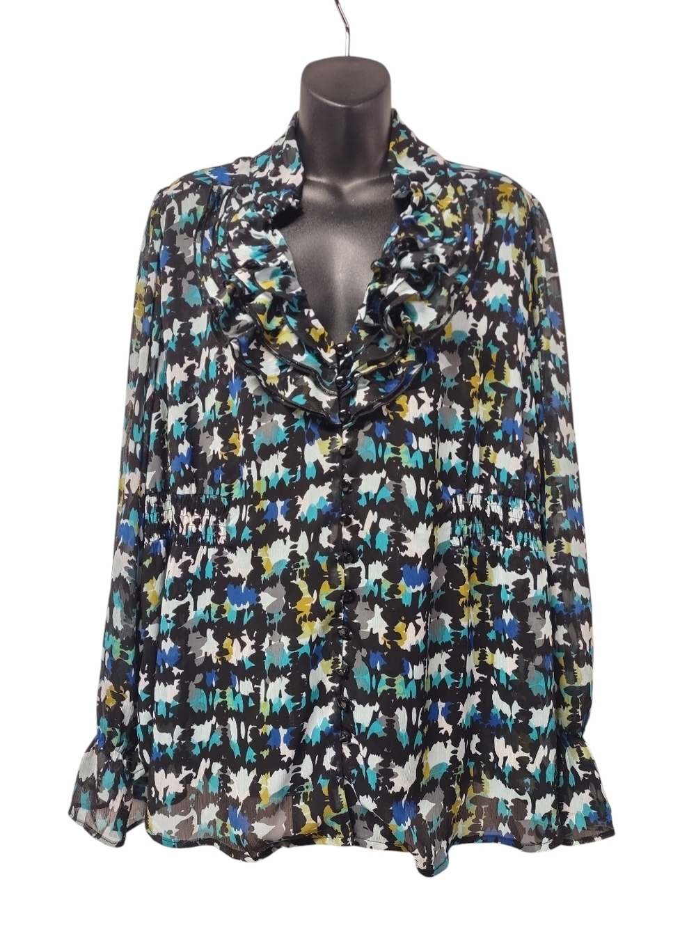Lane Bryant Wns Multicolor Abstract Print Ruffle Button Long Sleeve Blouse 18/20